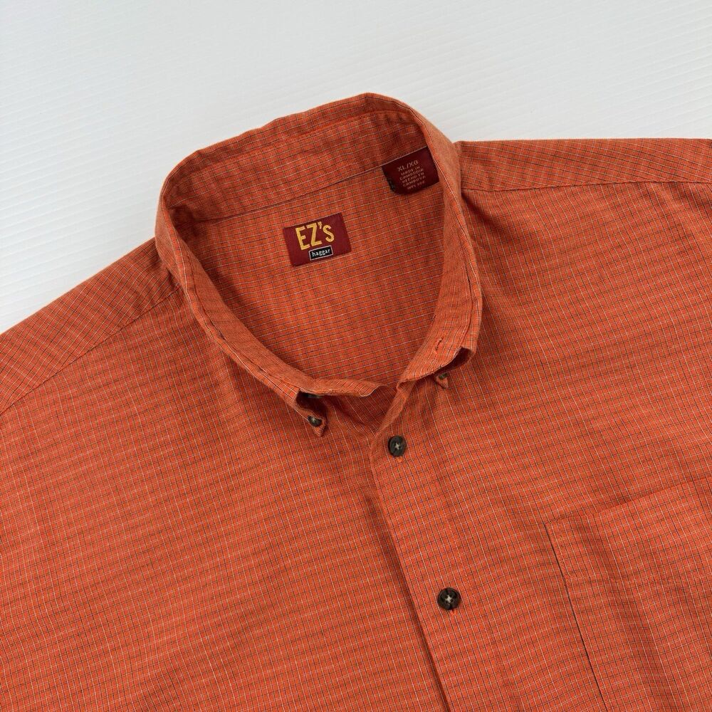 Haggar EZS Mens XL Orange Check Button Down Shirt Short Sleeve Pocket